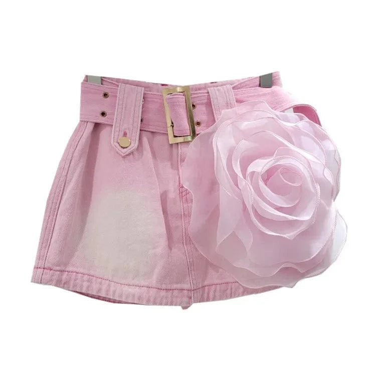 XL / Pink Women's Denim Skirt Pink 3d Mesh Flower A-line High Waist Wide Belt Wrap Hip Mini Skirt 2024