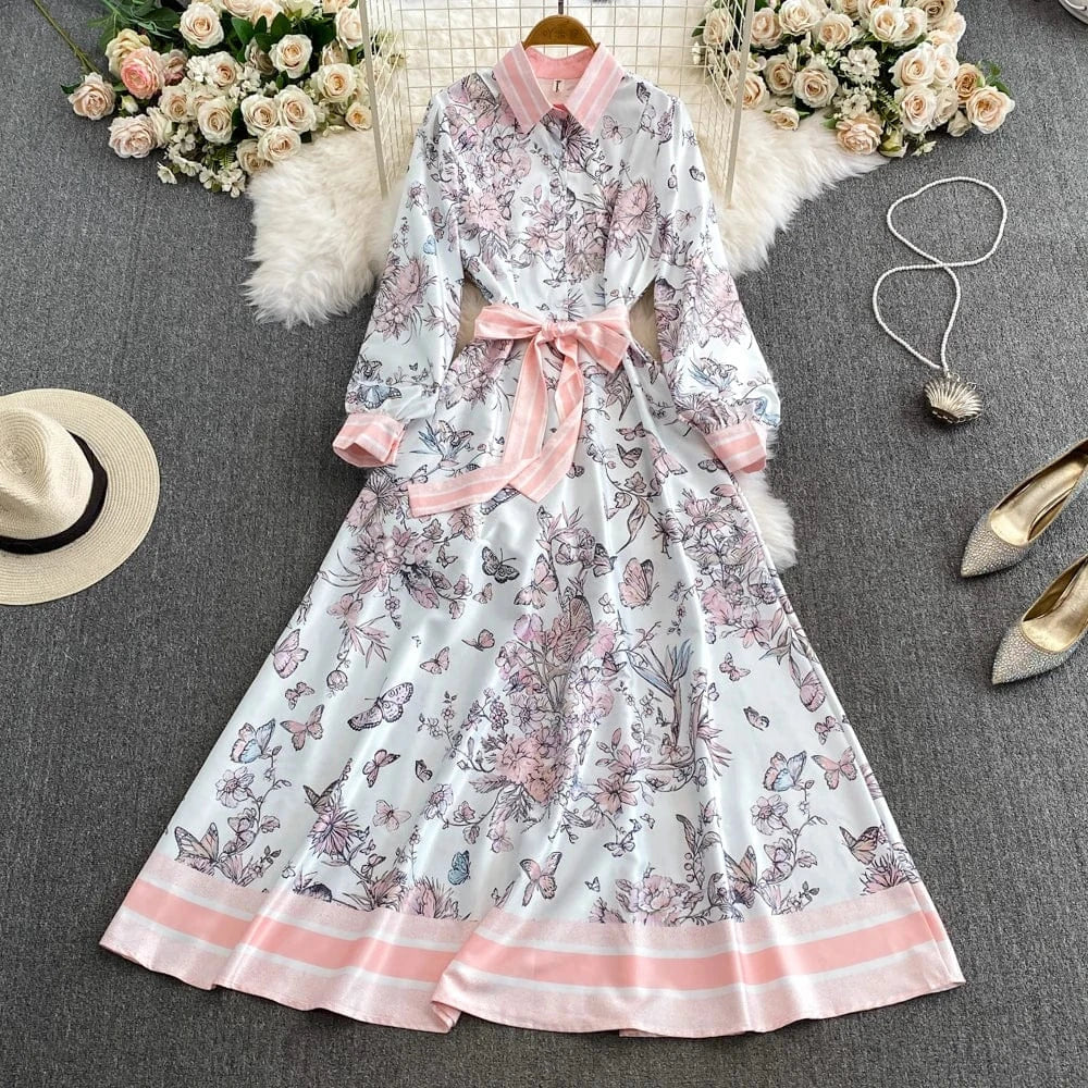 XL / Pink Women's fashion print Bohemian long dress autumn winter 2024 plus size maxi long sleeve Large hem dress
