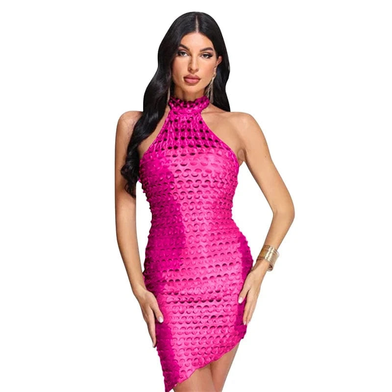 XL / Pink women transparent cute sexy club wear black sleeveless halter neck bodycon mini dress night club summer clothing for women