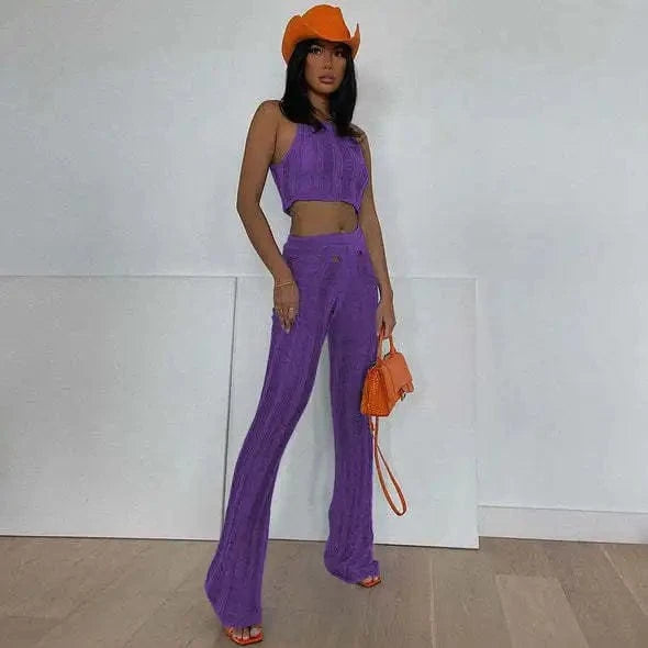 XL / Purple Cotton Top Set Ripped Women Knitted 2 Piece Summer Women Set Hollow out Solid Clothing Two Piece Pants Set