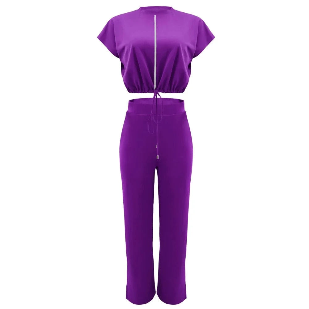 XL / Purple GX10163 New Fashion Ladies Street Wear Short Sleeve Drawstring Cropped Top and Pant 2 Piece Set Women Clothing
