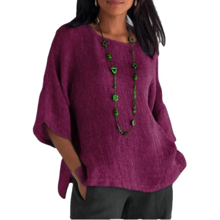 XL / Purple RED New European And American Women's Clothing 2024 Three-quarter Sleeve O-neck Cotton Linen Shirt Women's Top Casual Blouse