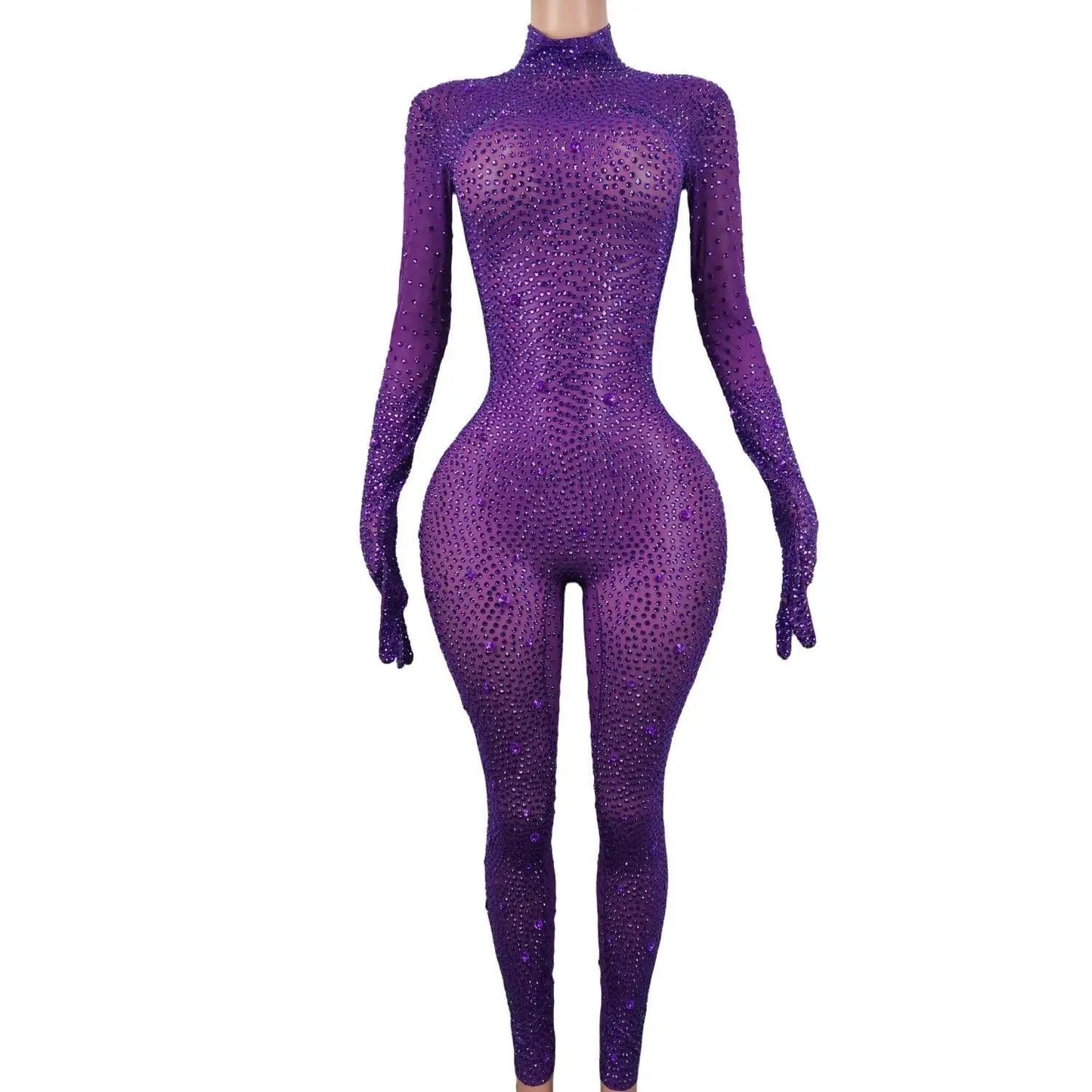 XL / Purple Sparkly See Through Crystal One Piece Bodysuit Ladies Rompers Performance Dancer Leotard Plus Size Sexy Diamonds Mesh Jumpsuit