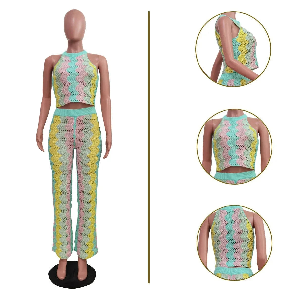 XL / rainbow GX1297 summer 2024 fashion women clothing see through knitted wear sexy rainbow sleeveless cropped top and pant 2 piece set