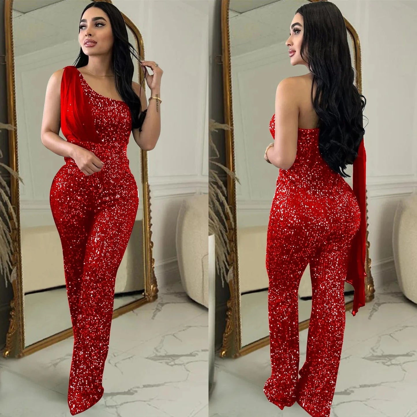 XL / Red 2024 New European and American Fashion Women's Solid Color Sleeveless Single Shoulder Sequin Pants Women Jumpsuit