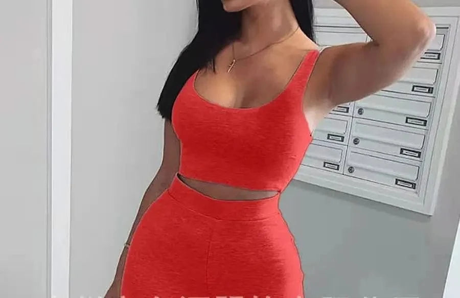 XL / Red Custom Solid Color Crop Tops Short Tank Long Pants Suits Sweatpants Women Clothing Summer Women Two Piece Pants Set