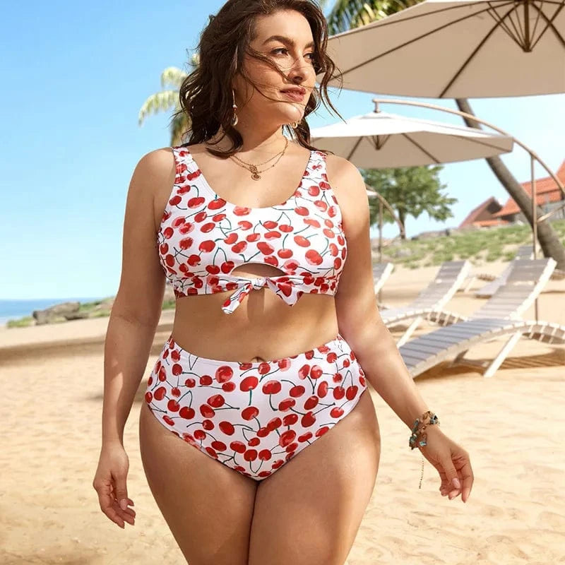 XL / Red DAMOCHIC Style Ladies Sexy High Waist Swimsuit Cherry Fruit Print Plus Size Swimwear Push Up Big Cups Bikini for Fat Women 2023