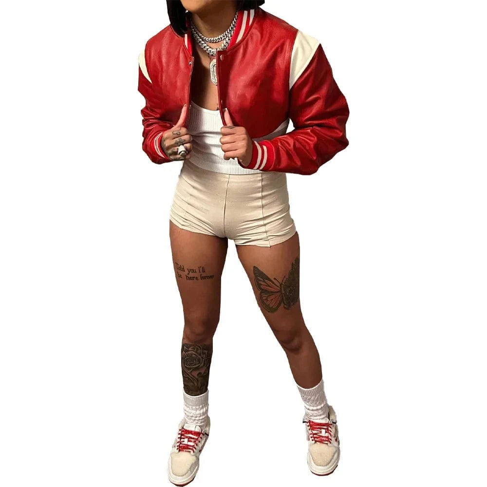 XL / Red DN8690 Trendy american clothing 2024 fall winter women's coats casual baseball jacket short leather jacket fashion women jacket