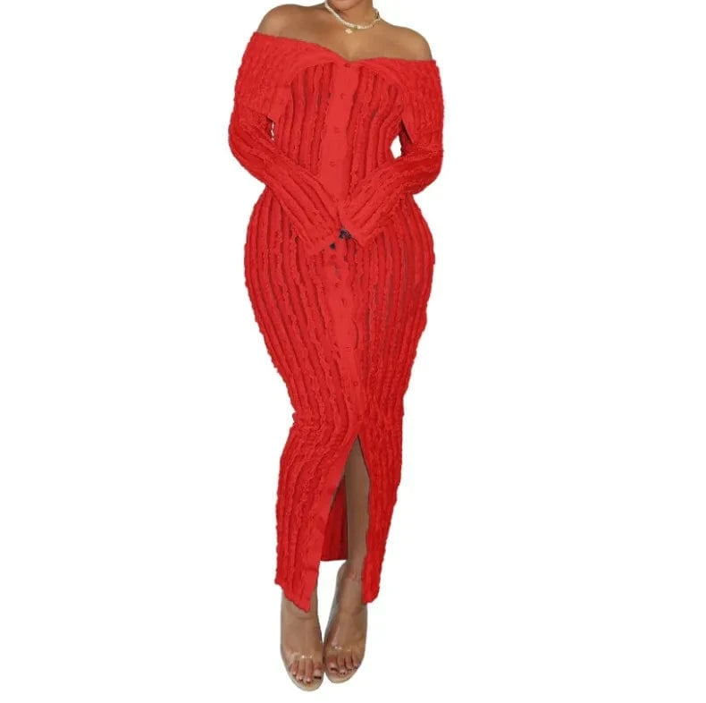 XL / Red G0654 Wholesale spring 2024 boutique clothes sexy wave casual dresses off shoulder long sleeve dress elegant women's dresses