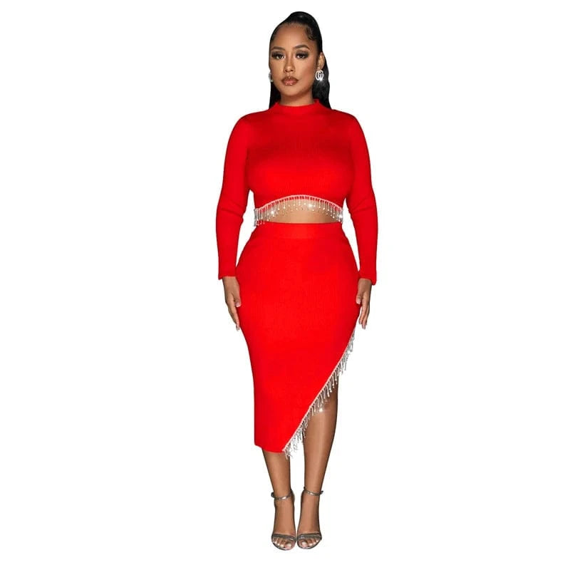 XL / Red new arrivals 2024 woman valentine party rhinestone bead crystal tassel 2 piece slit skirt set dress 2024 evening gown for women
