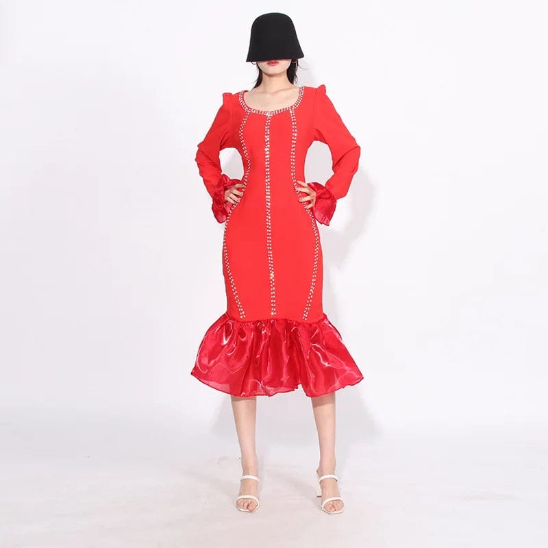 XL / Red OUDINA 2024 New Style Fashionable Square Neck Diamond Design Fishtail Dress Fishtail Dress Ruffle Long Dresses Women