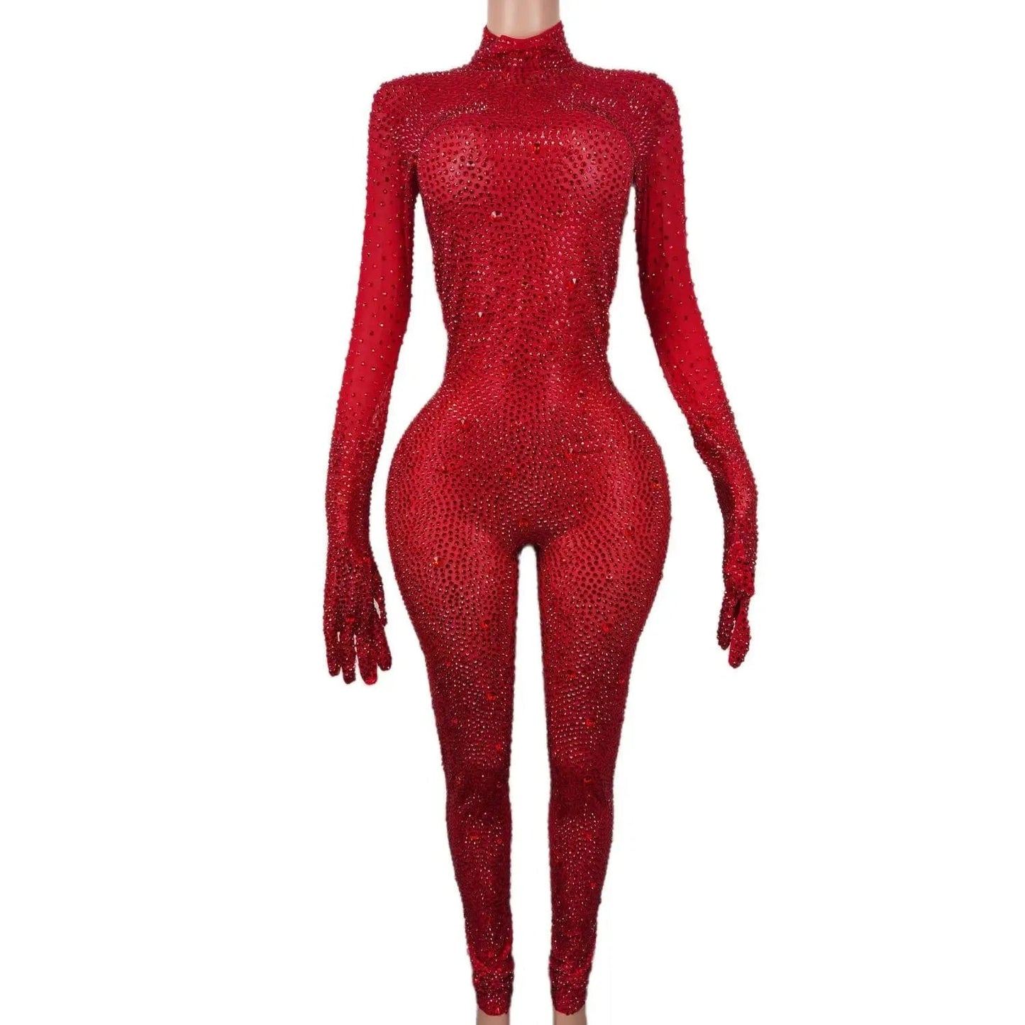 XL / Red Sparkly See Through Crystal One Piece Bodysuit Ladies Rompers Performance Dancer Leotard Plus Size Sexy Diamonds Mesh Jumpsuit