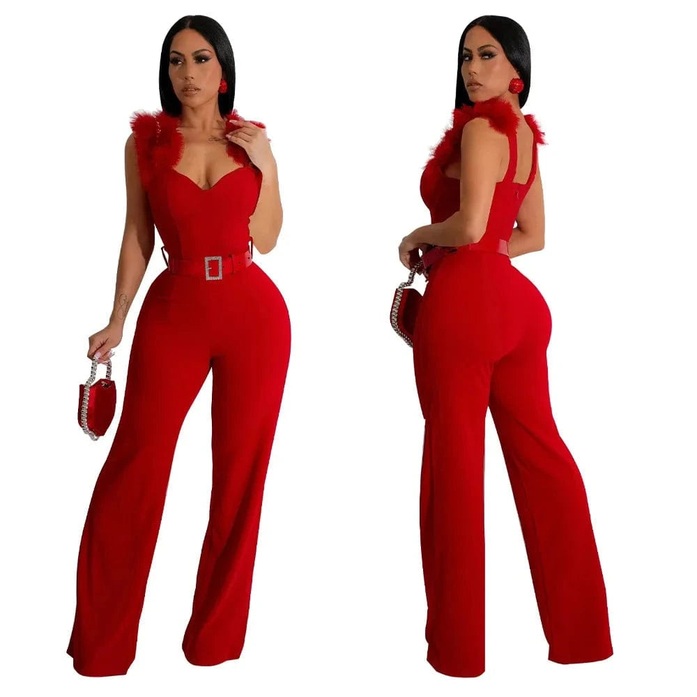 XL / Red ZHEZHE Fashion 2024 summer street wear women clothes boutique one piece sleeveless feather strap sexy jumpsuit with belt