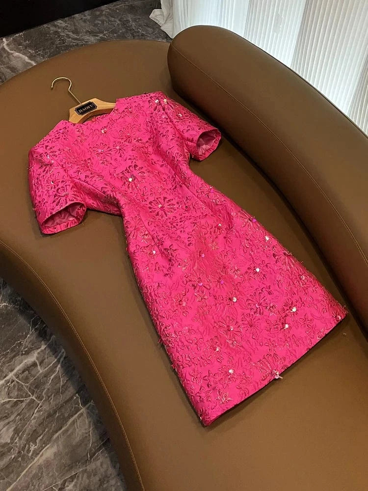 XL / Rose Madder Fine Workmanship Jacquard Office Lady Casual Wear Short Sleeve O-neckline Shinny Beads Women Mini Formal Dress