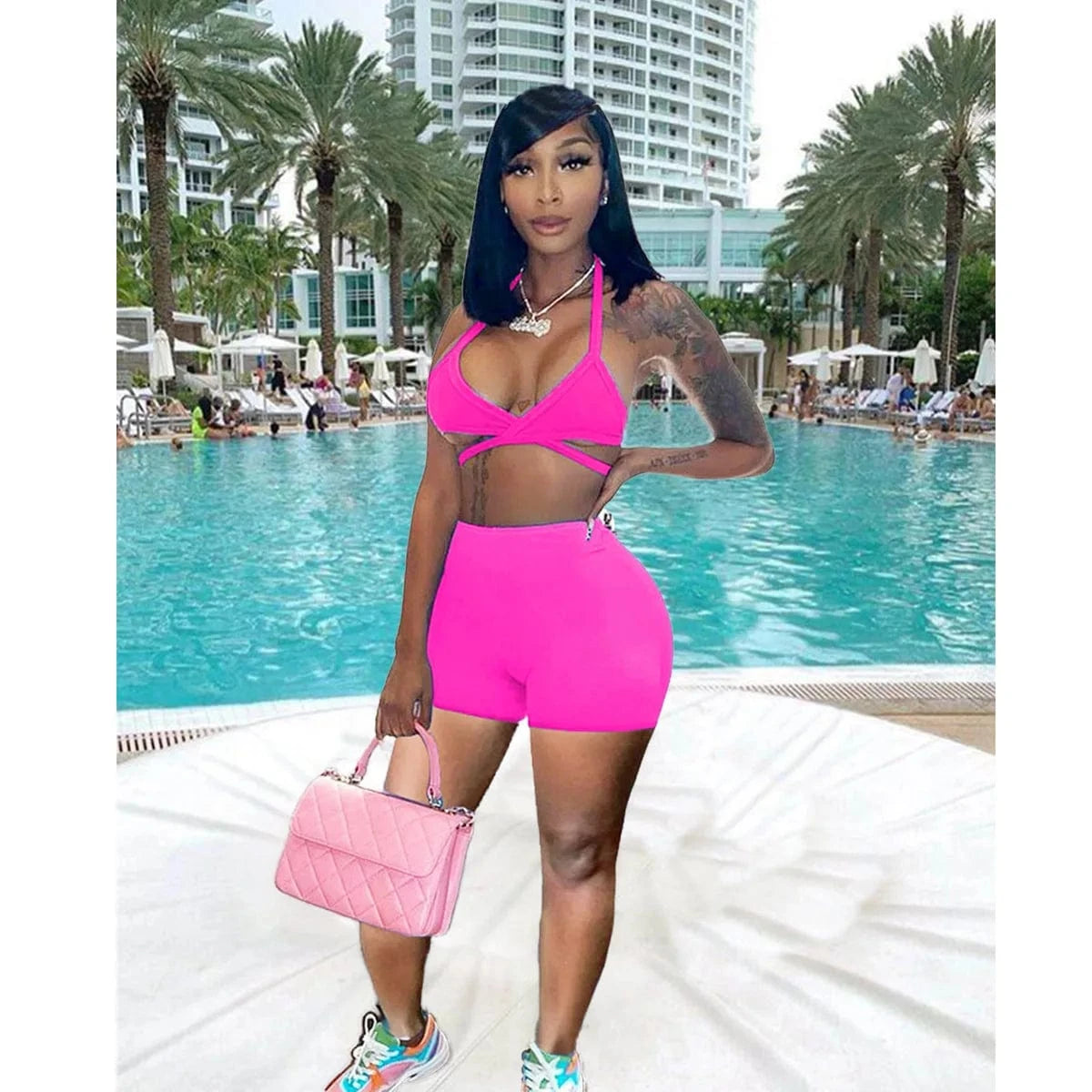 XL / Rose Madder Sports Casual Camisole Slim Shorts Summer Two Piece Set Women Short Set Clothing Sexy Crop Tops Set Custom