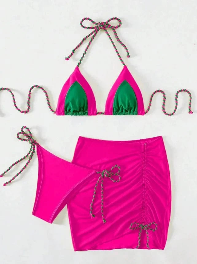 XL / rose red DAMOCHIC Mini Micro Bikini Modest Bathing Suit 3 Piece Swimwear Beachwear Halter Tops Beach Skirt Cover Up Swimsuit Bikini 2024