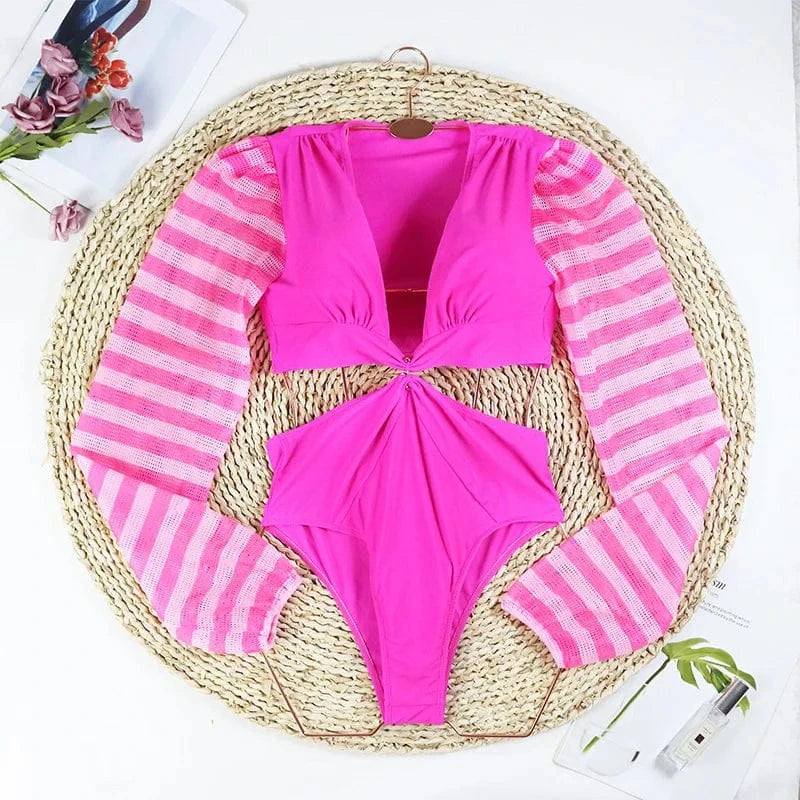XL / rose red TW 2024 Solid One Piece Swimsuit Women Swimwear Monokini Long Sleeve Female Bathing Suit Surfing Bodysuit Swim Wear Beach