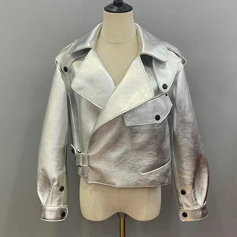 XL / Shiny Gray Fashion Design Crop Leather Bomber Jacket Real Leather Jacket  Motorcycle Jacket Coat