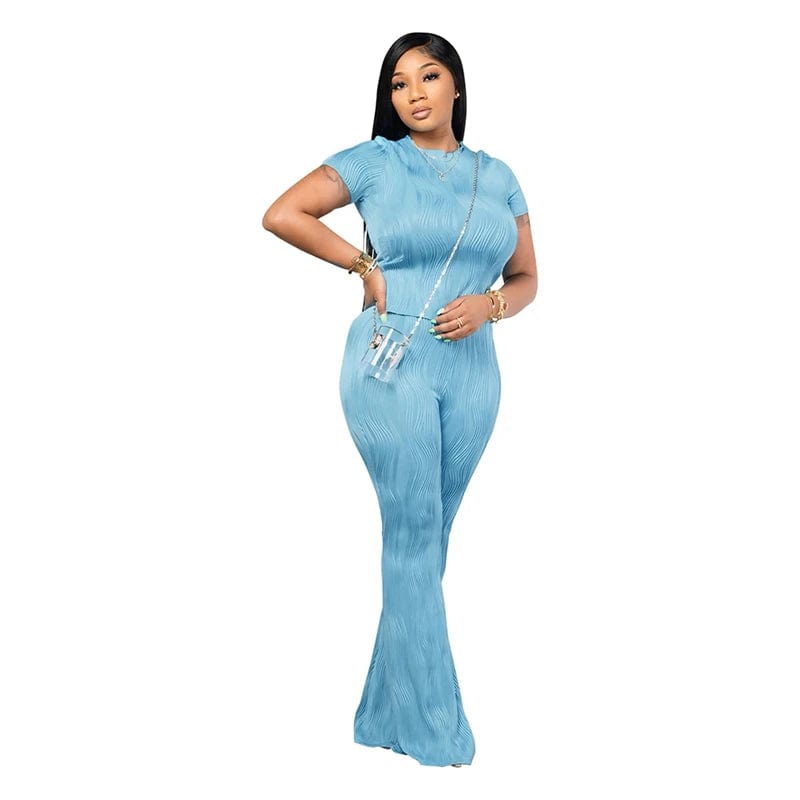 XL / Sky Blue custom women casual clothing summer 2024 solid pleated full length pants and short sleeve top t shirt two 2 piece set for women