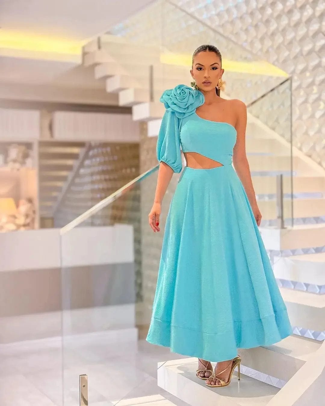 XL / Sky Blue One Shoulder Pink Midi Elegant Womens's Dresses 2024 Party Vacation Streetwear Evening Casual Clothing