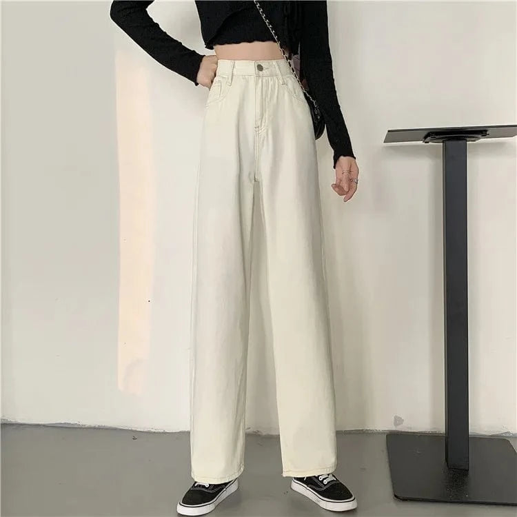 XL / style 2 White Women's Pants Streetwear Straight Solid Color High Waist Trouser Baggy Fashion Girl Student Jeans Wide Leg Mom Denim Pants