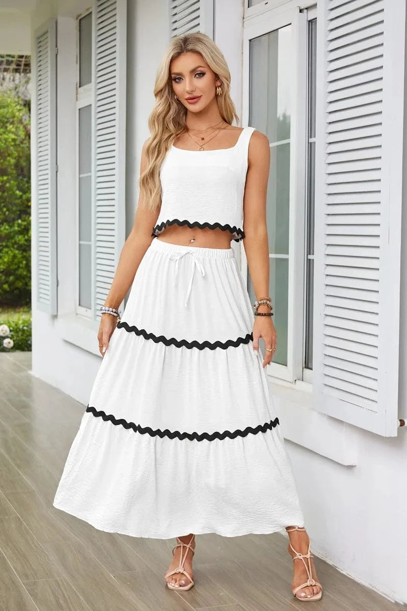 XL / White-1 Casual 2-piece Skirt Set for Summer Women's Skirt Suit 2024 New SLeeveless MIni Vest+Lace-up A-line Skirts Set with Pockets