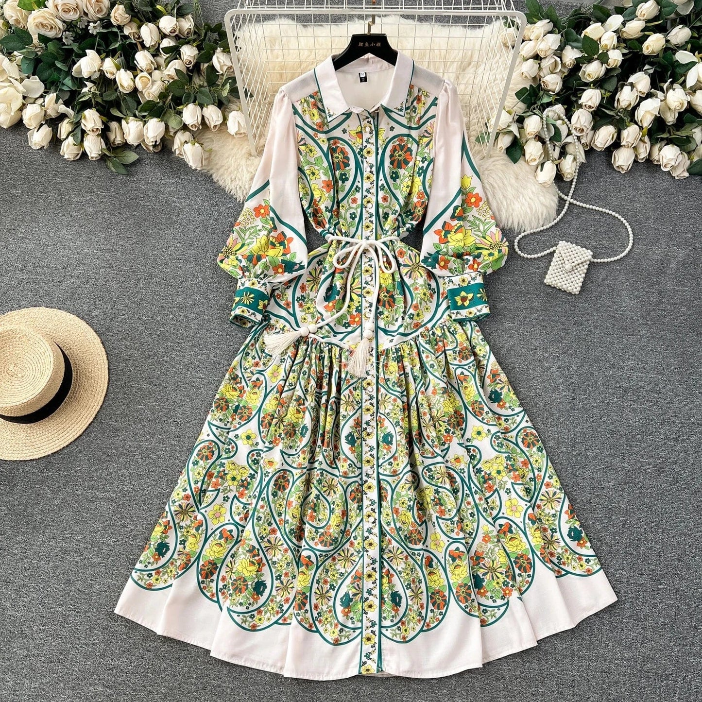 XL / White 2024 Spring Autumn Retro Style Evening Gown Lantern Long Sleeve Belted Slim Single-breasted A-line Print Dress