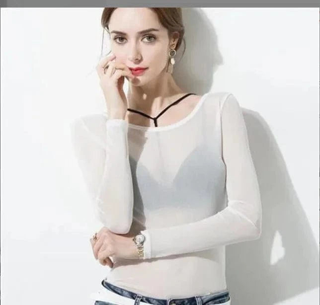 XL / White 609 Sexy Black Punk Club Streetwear Women T Shirt See Through Transparent Mesh Tops Long Sleeve Sheer Slim Ladies Turtleneck T-Shirt