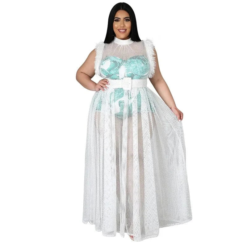 XL / White best selling dropshipping products 2024 women's temperament see-through sexy mesh long skirt plus size dress two piece set