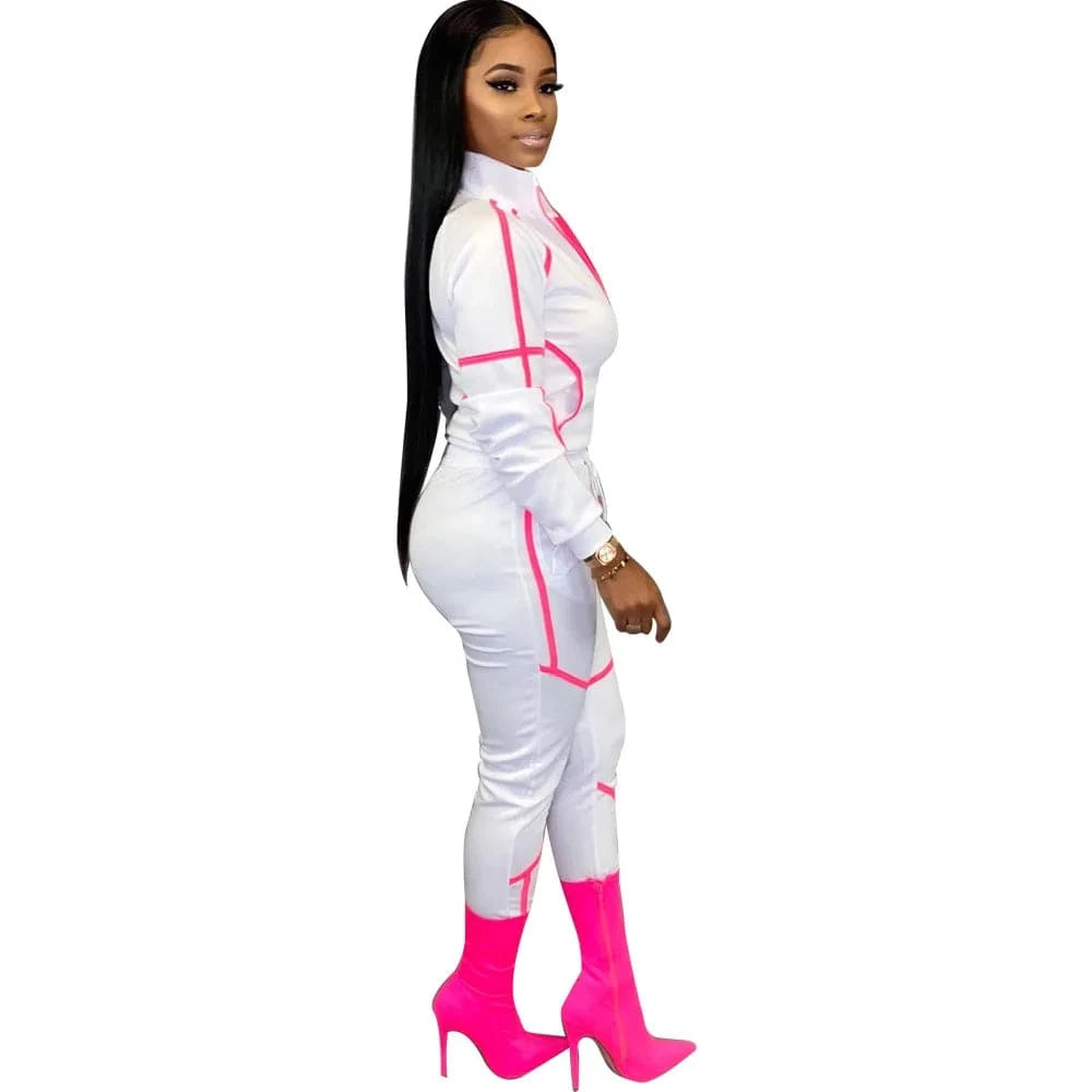 XL / White Custom Logo Splicing Women Two Piece Outfits Zip Top Jacket Elastic Jogging Pants Streetwear Casual Sweatsuit Tracksuit Set
