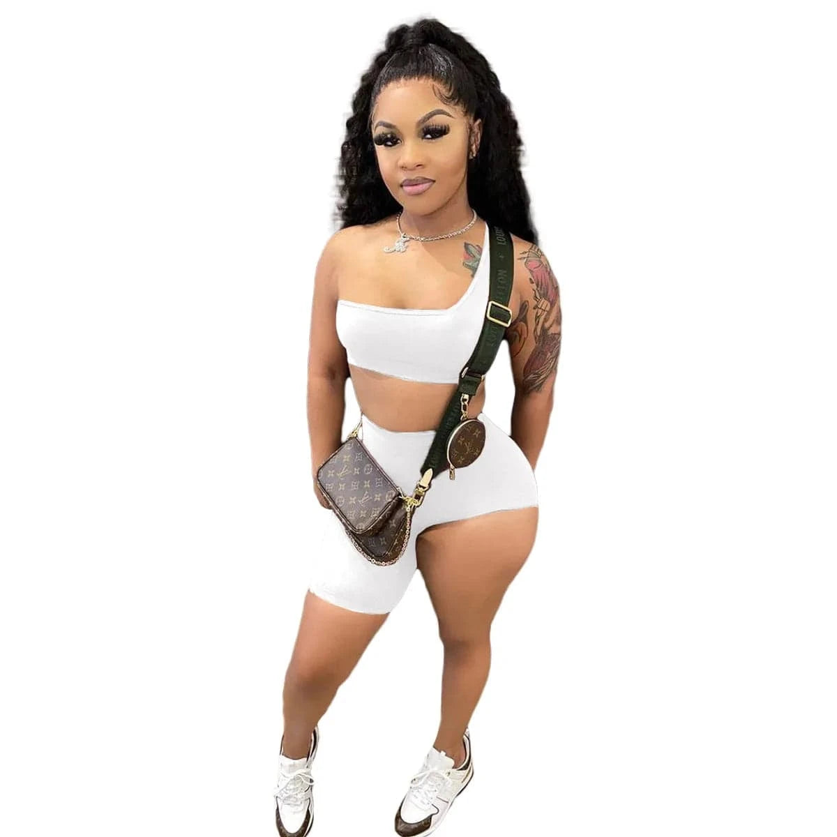 XL / White Custom Logo Summer Solid Color Skinny Sleeveless Vest One Shoulder Crop Top Irregular Shorts 2Pcs Two Piece Short Set