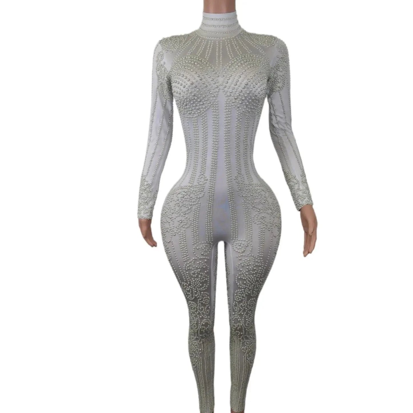XL / White Fashion Long Sleeve White Pearl Bodysuit Night Club Party One Piece Jumpsuit Dance Leotard Plus Size Sexy Rompers Women Jumpsuit