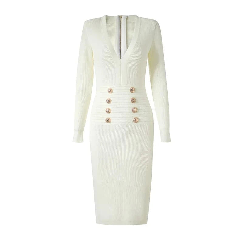 XL / White Spring 2023 new arrivals knitted dress women casual long sleeve sweater dress casual deep V neck knit dresses