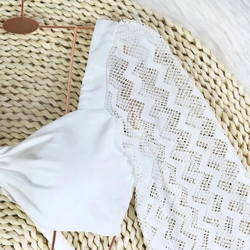 XL / White TW71038 2024 New design swimsuit white high waist swimwear long sleeves mesh transparent women bikini set