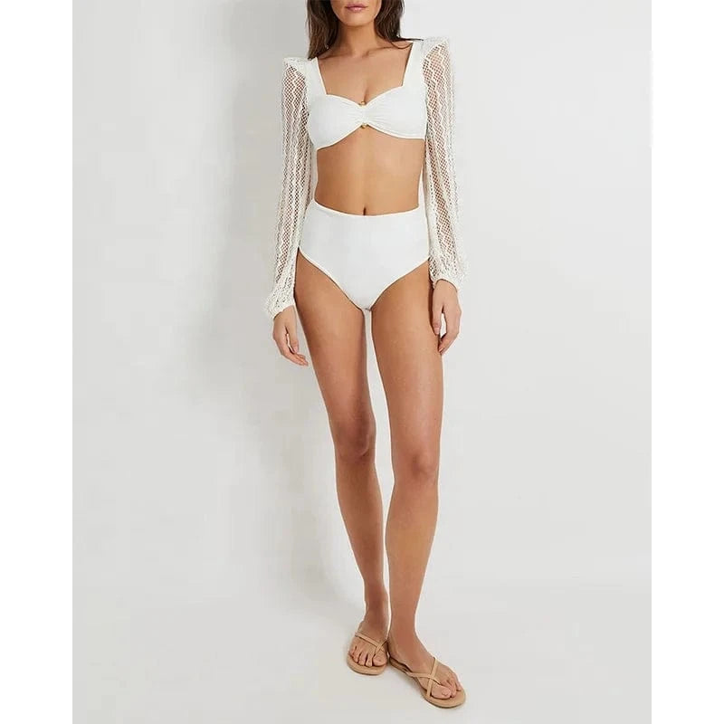 XL / White TW71038 2024 New design swimsuit white high waist swimwear long sleeves mesh transparent women bikini set