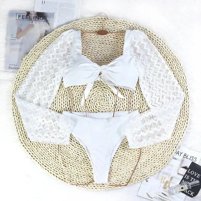 XL / White TW71038 2024 New design swimsuit white high waist swimwear long sleeves mesh transparent women bikini set