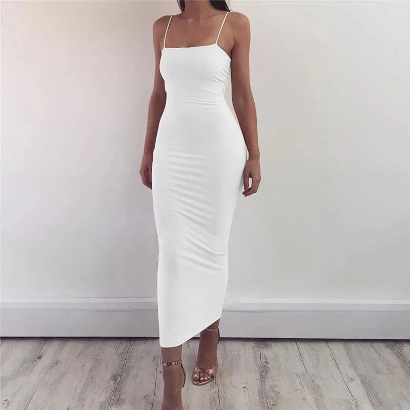 XL / White Wholesale Summer Sexy Night Club Party Dress Women Sleeveless Backless Solid Bodycon Straps Casual Dresses