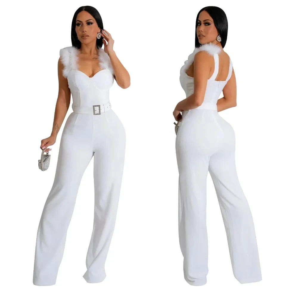 XL / White ZHEZHE Fashion 2024 summer street wear women clothes boutique one piece sleeveless feather strap sexy jumpsuit with belt