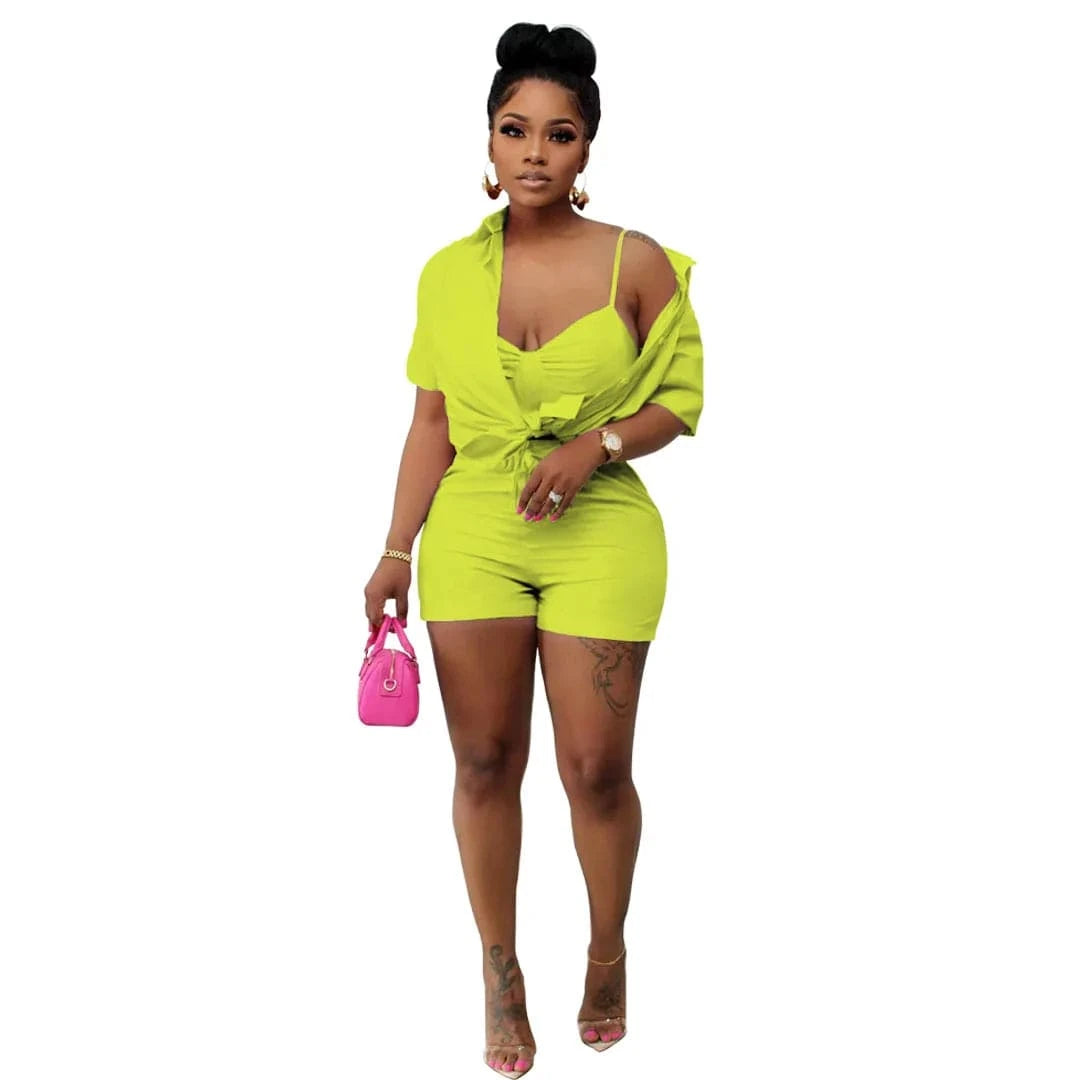 XL / Yellow 2022 Summer Clothing Cute Shirt  3 Piece Short Set Womens Short Solid Three Piece set  for Ladies Trendy outfits with Chest