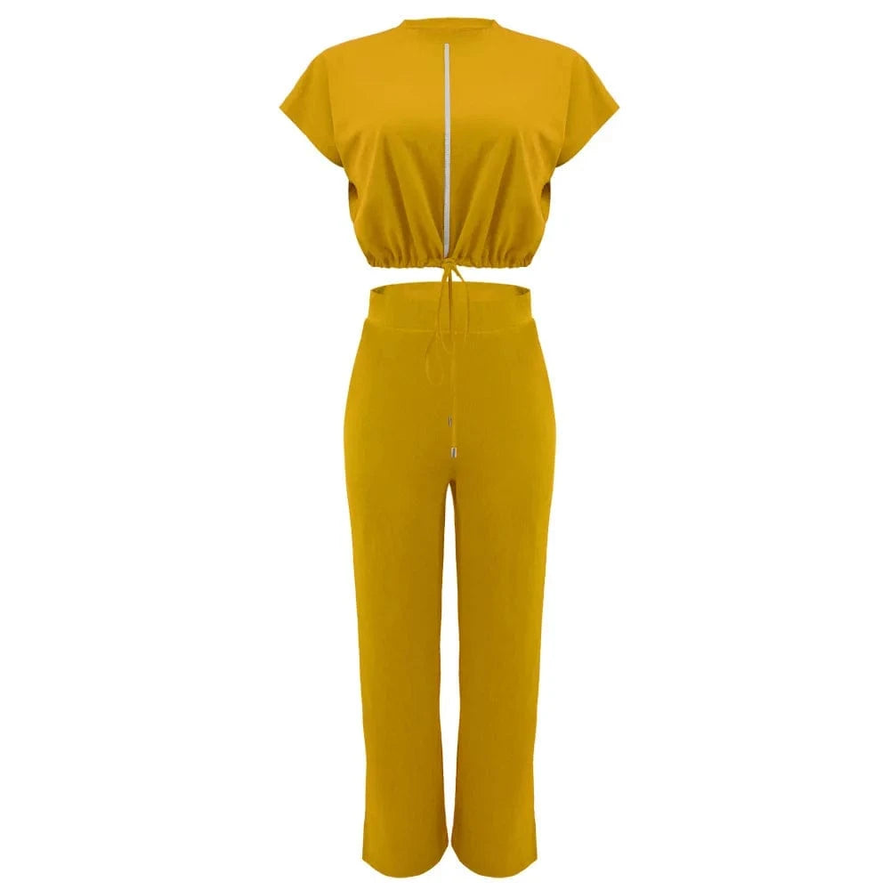 XL / Yellow GX10163 New Fashion Ladies Street Wear Short Sleeve Drawstring Cropped Top and Pant 2 Piece Set Women Clothing