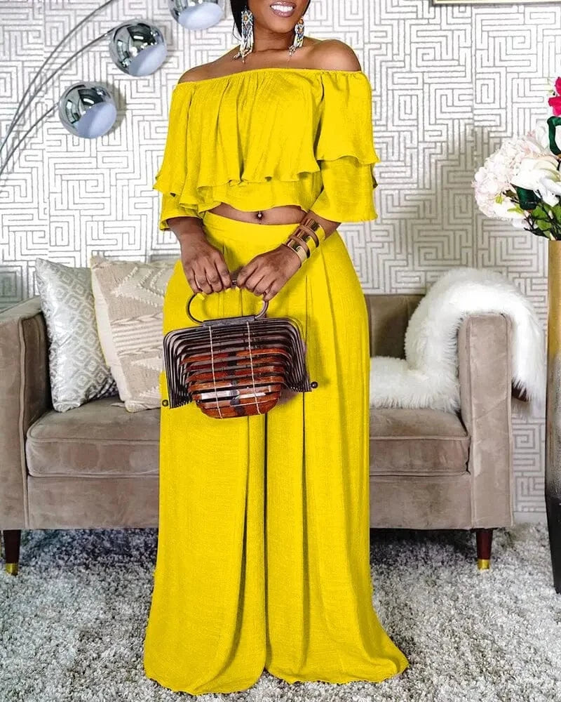 XL / Yellow Liu Ming Hot Selling Custom 2024 Summer Women Ruffle Off Shoulder Tops Plus Size Wide Leg Loose Trousers Pants Set
