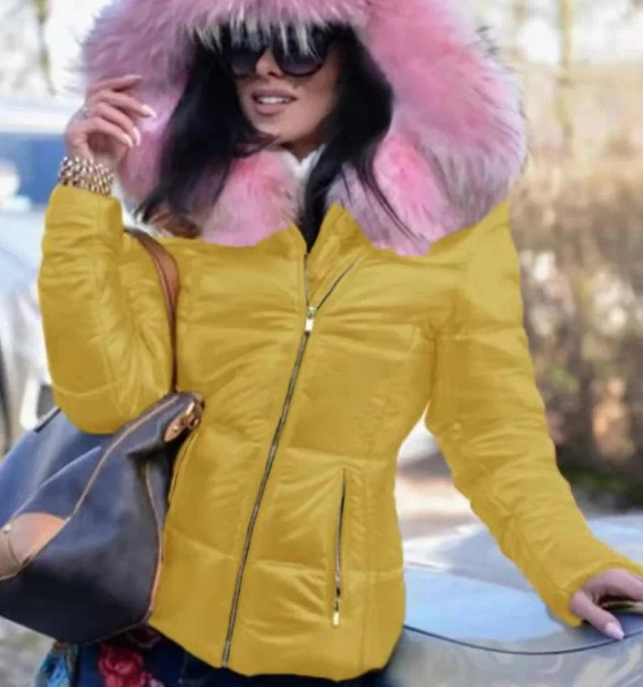 XL / Yellow Liu Ming Winter Women Clothing Fashion Hood Faux Fur Collar Outwear Parkas Ladies Down Jacket Plus Size Coat