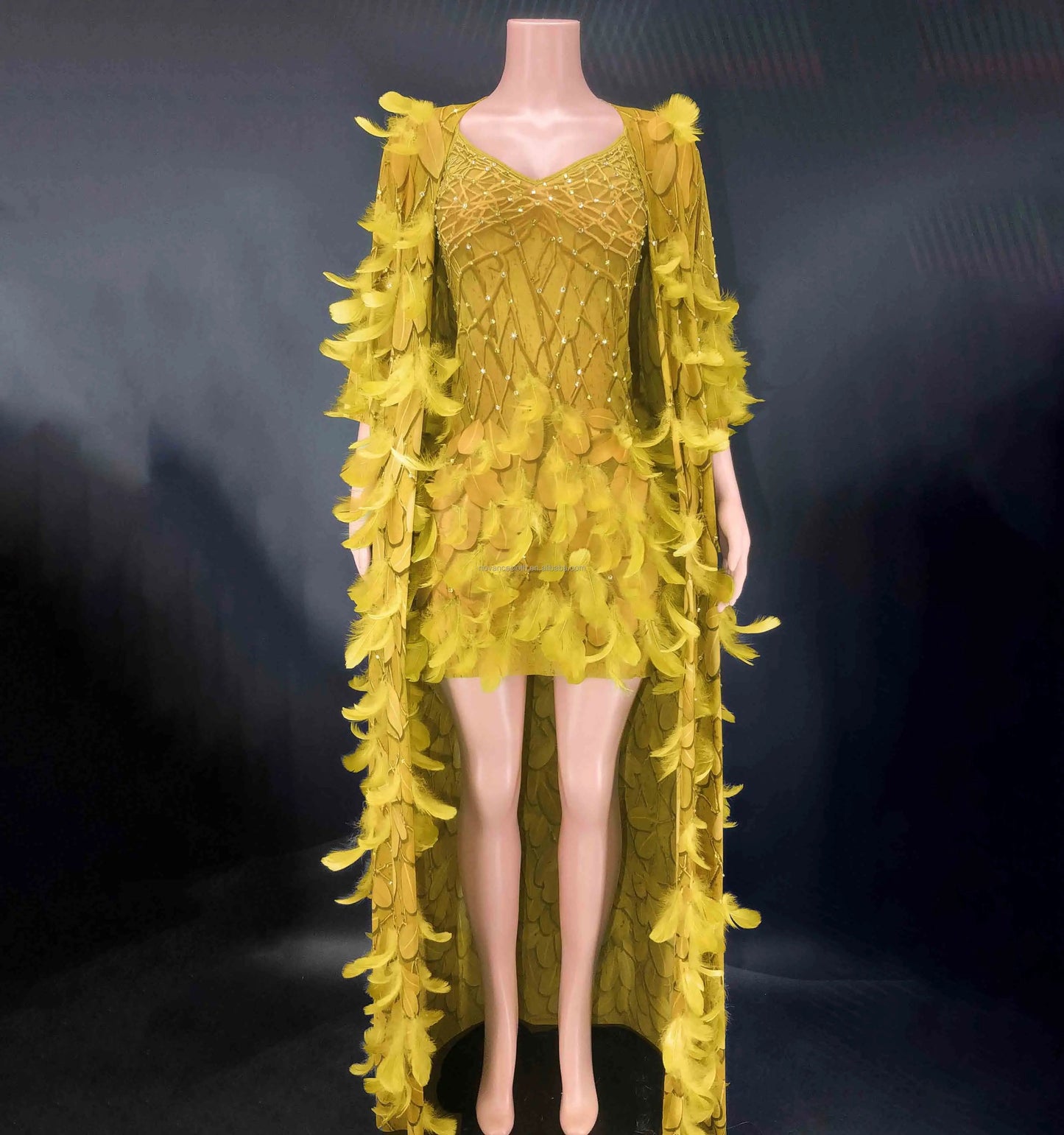XL / Yellow NOVANCE 2024 purple feather sexy mini shiny diamonds elegant evening dress with cape women sling plus size clothes for evening