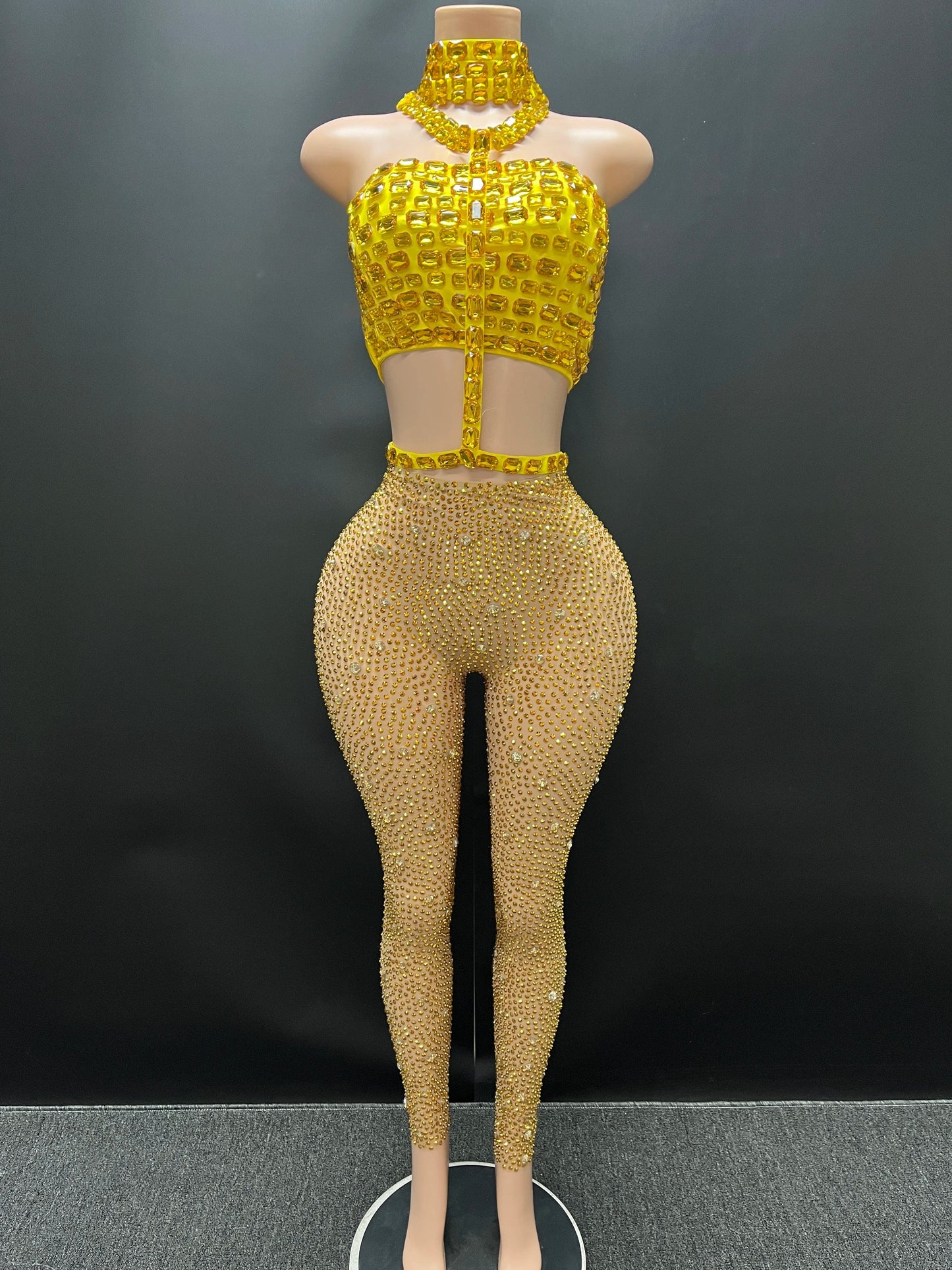 XL / Yellow NOVANCE Y3745-D trending dress 2024 new arrival sexy suits for ladies rhinestone strapless crop top  mesh pants for casual