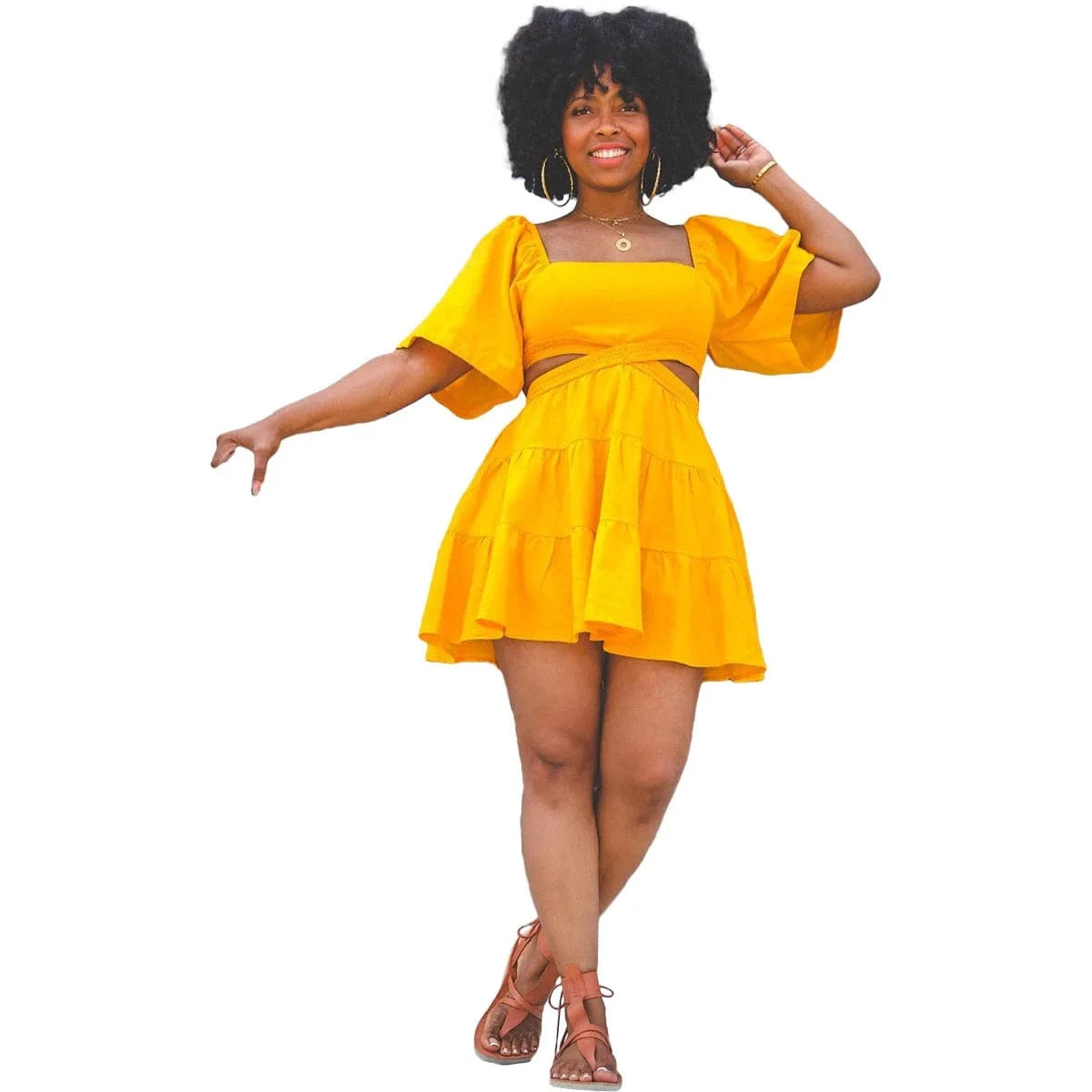 XL / Yellow women clothes 2024 Spring and summer new solid color square neck hollow ruffle dress