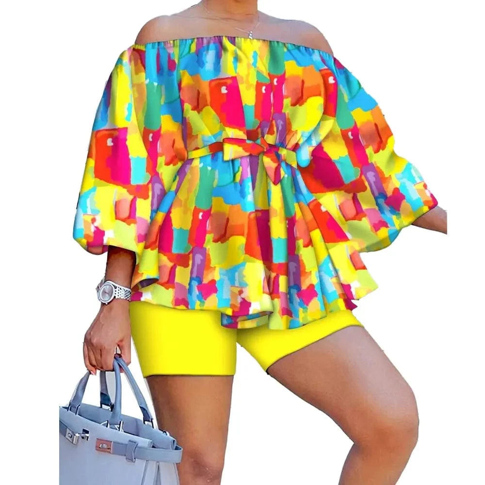 XL / Yellow Z117802 2024 Print Ladies spring print Casual Off Shoulder Puff Sleeve plus size short sets women two piece for plus size women