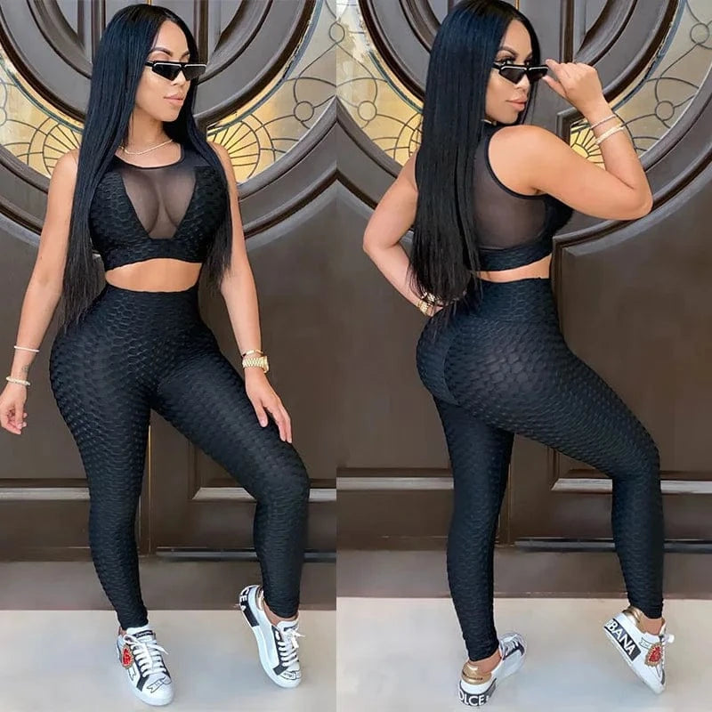 XS-5XL two-piece sports suit female jogging pants 2-piece tight see-through sexy sleeveless yoga sports suit