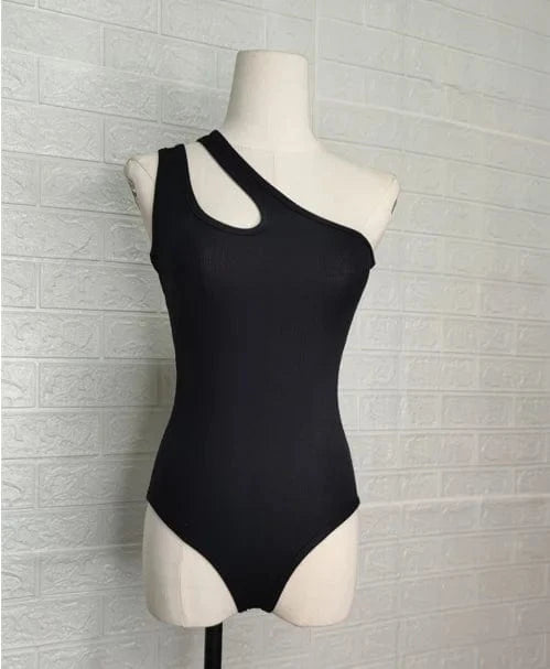 XS / Black Custom Logo  rib stretched single shoulder romper bodycon outfit hollow out bodysuit for women