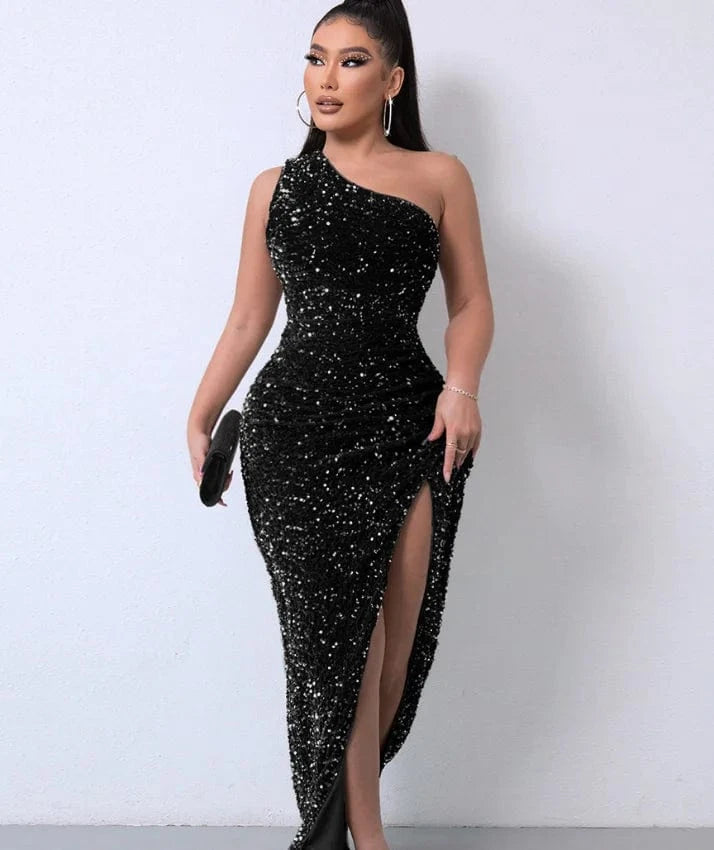 XS / Black Liu Ming Women Fashion Sexy Sequins Slit Bodycon Slim Maxi Dress