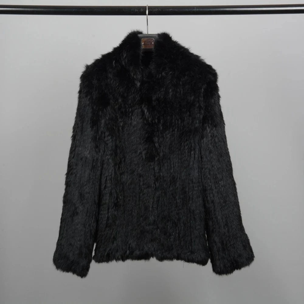 XS / Black New Thick Knitted Real 100% Genuine Rabbit Fur Coat Women's Winter Outwear Fashion Style Ladies Jackets